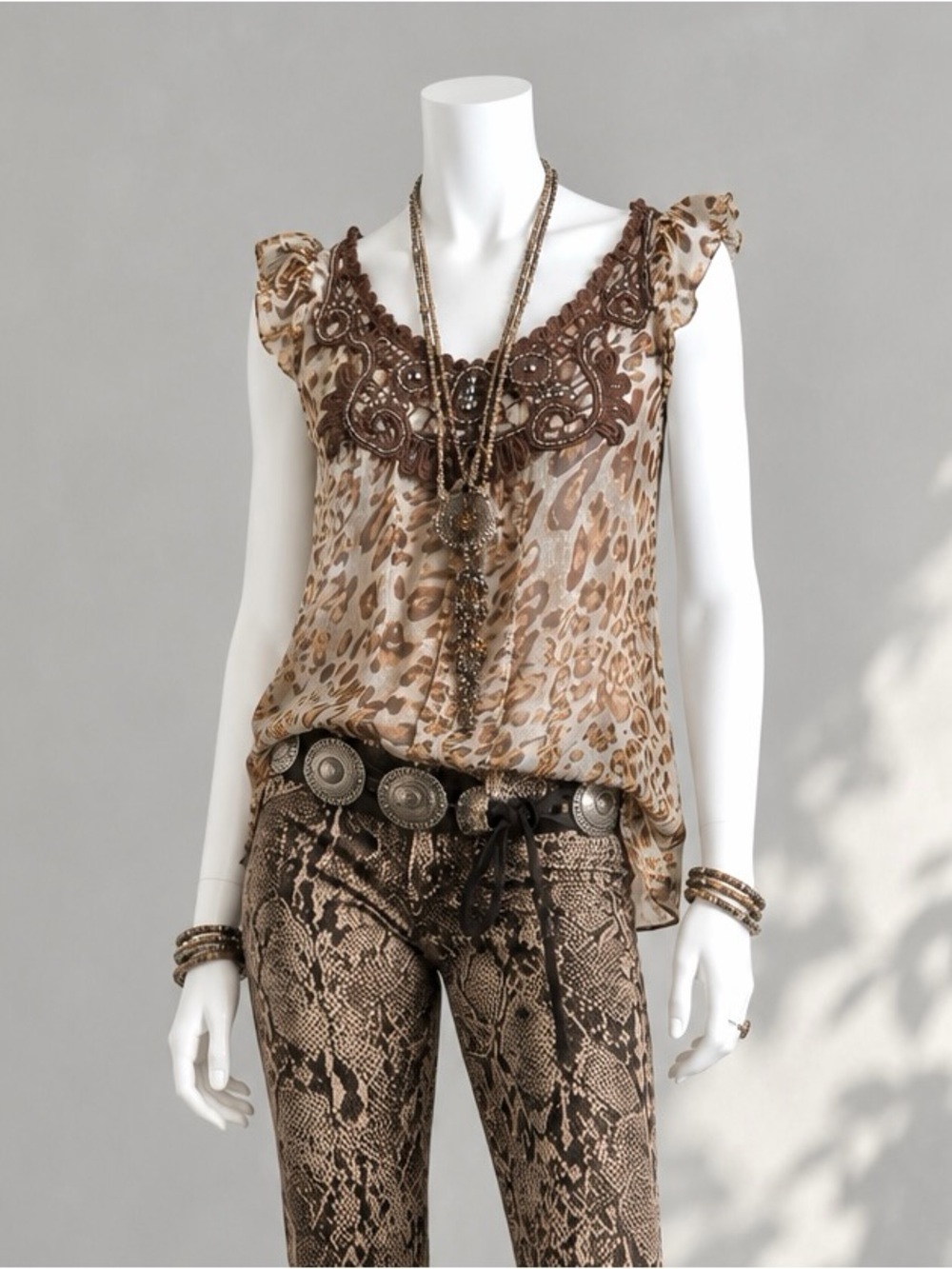 NY Collection Leopard Print Top M Sheer Beaded Brown Boho Fairycore Blouse
